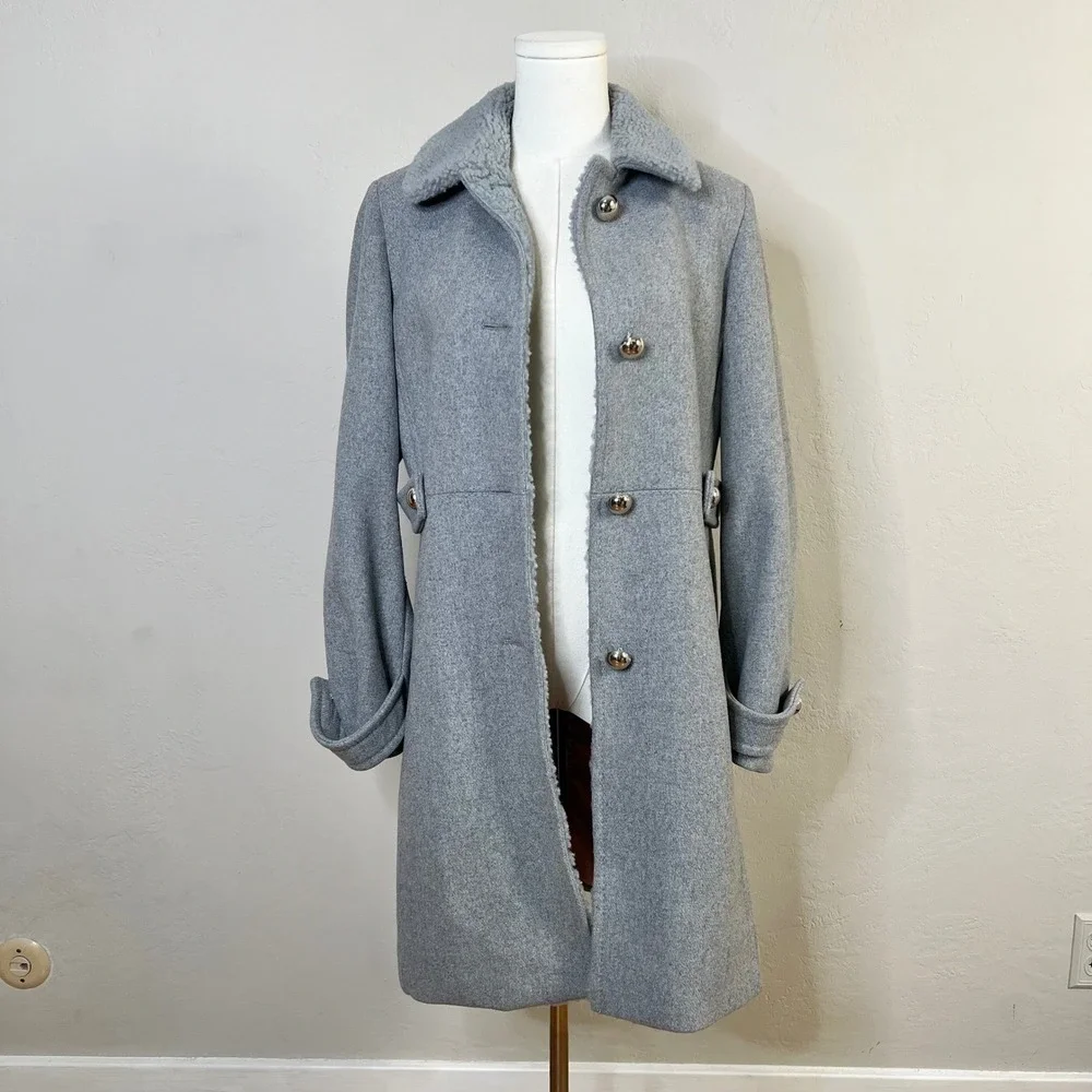 Kate Spade Grey Wool Blend Coat Sherpa Trim Collar Trench Jacket K21765Y Size XS